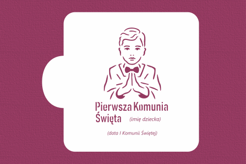 Pierwsza Komunia Święta z imieniem, datą i modlącym się chłopcem.png